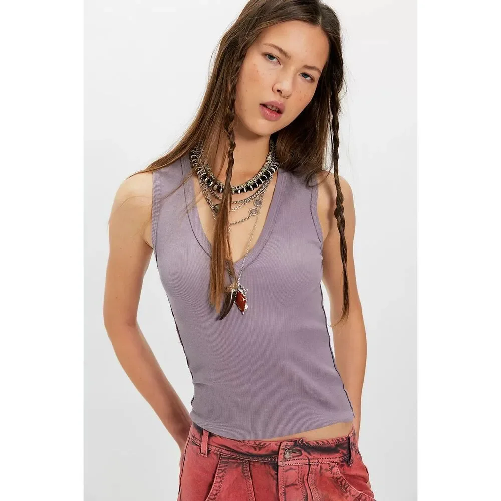 Free People X We The Free Neria V-Neck Tank Top purple dove Womens M NWOT